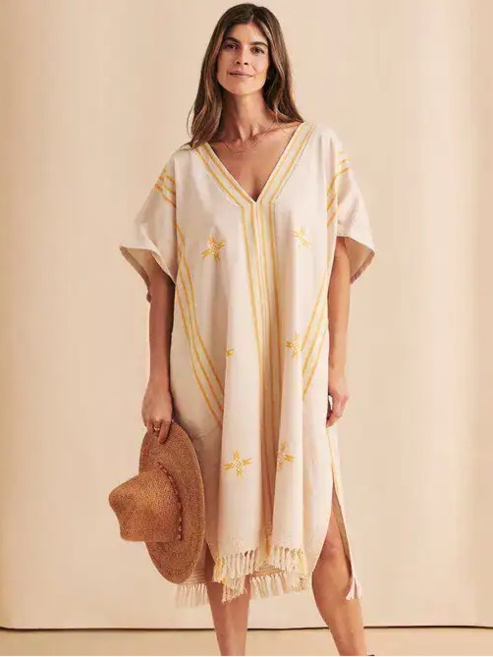Faherty Cream Caftan Cover-Up with Gold Embroidery Size XS/S